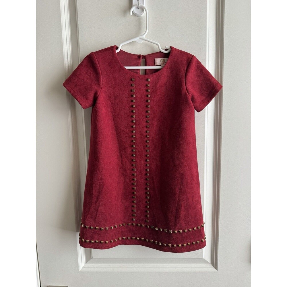 GB Girls Size 5 Red Faux Suede Shift Dress Brass Studded Holiday Party